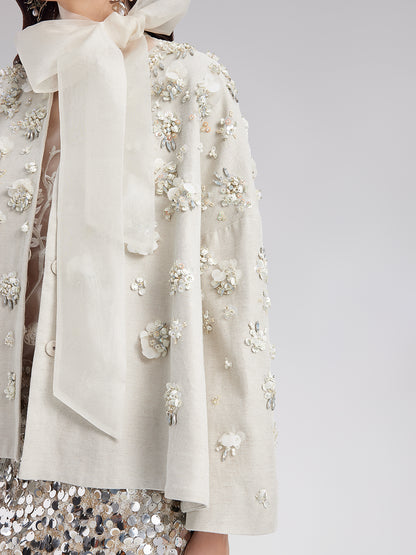 Hand-Embroidered Linen Cape Coat