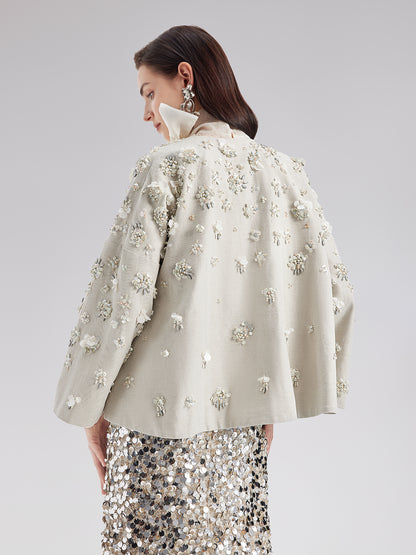 Hand-Embroidered Linen Cape Coat