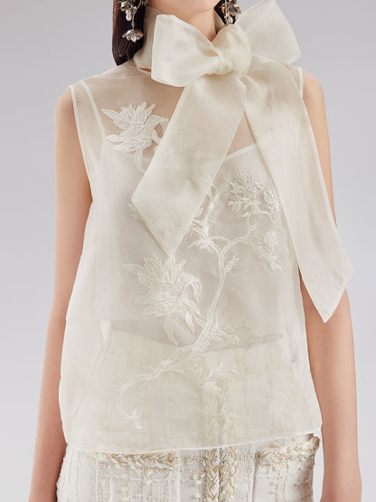 Silk Embroidered Tie-Neck Blouse
