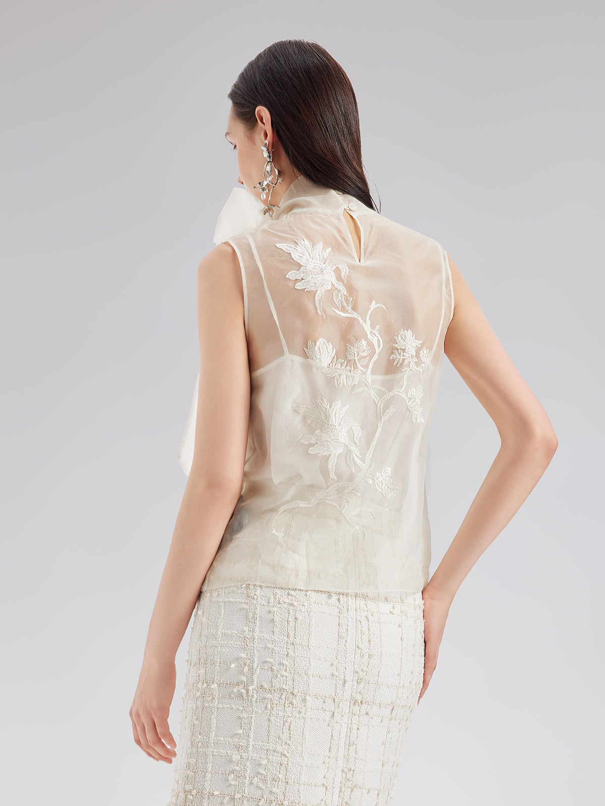 Silk Embroidered Tie-Neck Blouse