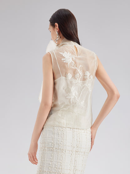 Silk Embroidered Tie-Neck Blouse