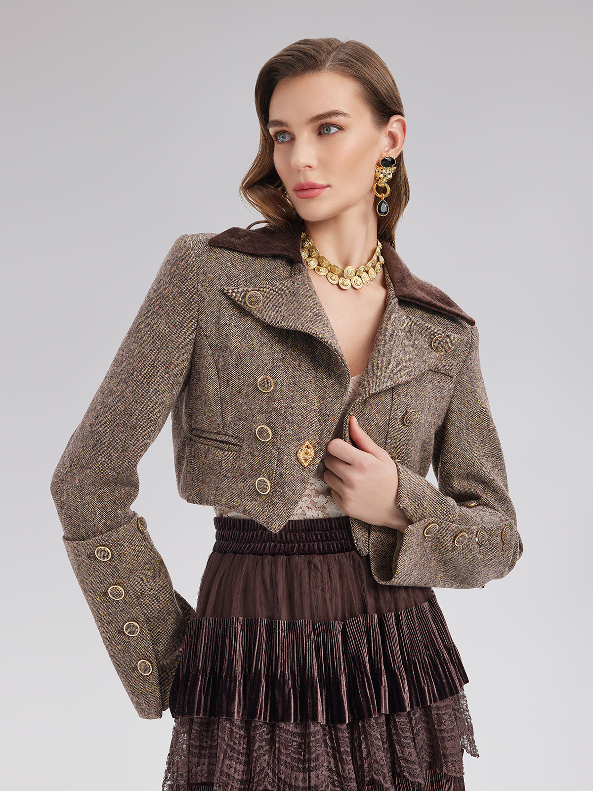 Australian Wool Blend Color-Blocked Short Blazer