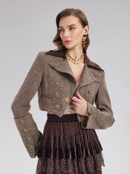 Australian Wool Blend Color-Blocked Short Blazer