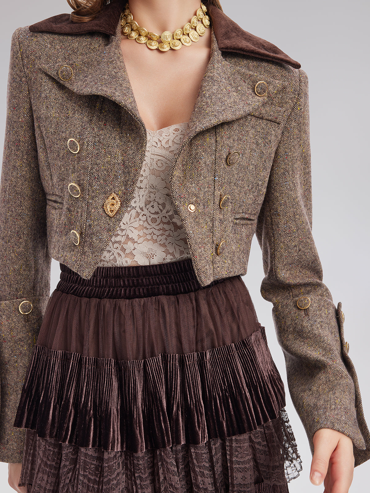 Australian Wool Blend Color-Blocked Short Blazer