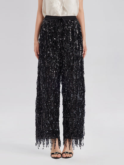 Sequin Fringe Elastic-Waist Pants