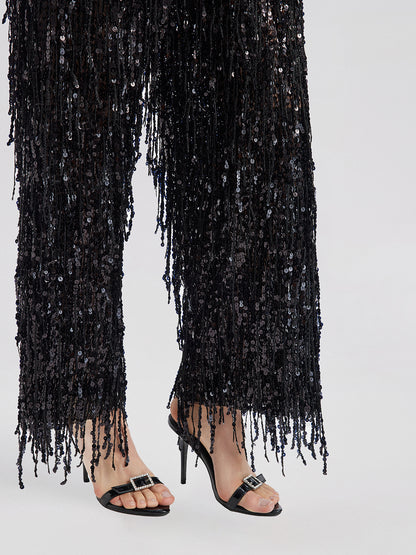 Sequin Fringe Elastic-Waist Pants