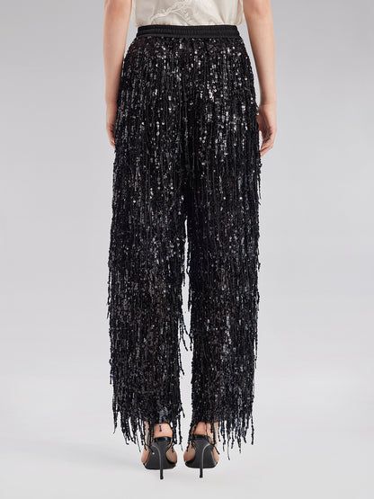 Sequin Fringe Elastic-Waist Pants