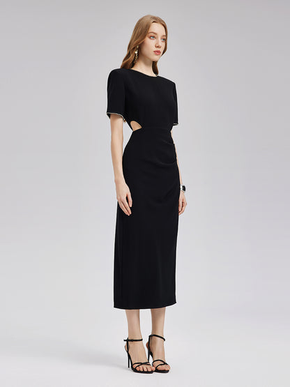 Final Sale | Rhinestone Trim Acetate Cut Out Dress