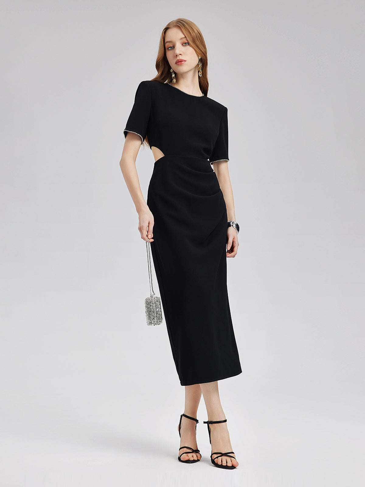 Final Sale | Rhinestone Trim Acetate Cut Out Dress