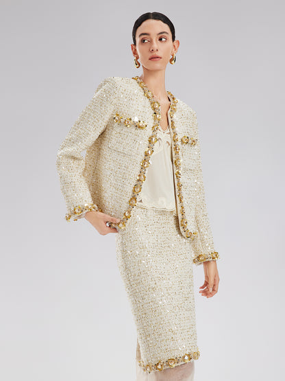 Sequin Trimmed French Tweed Short Jacket