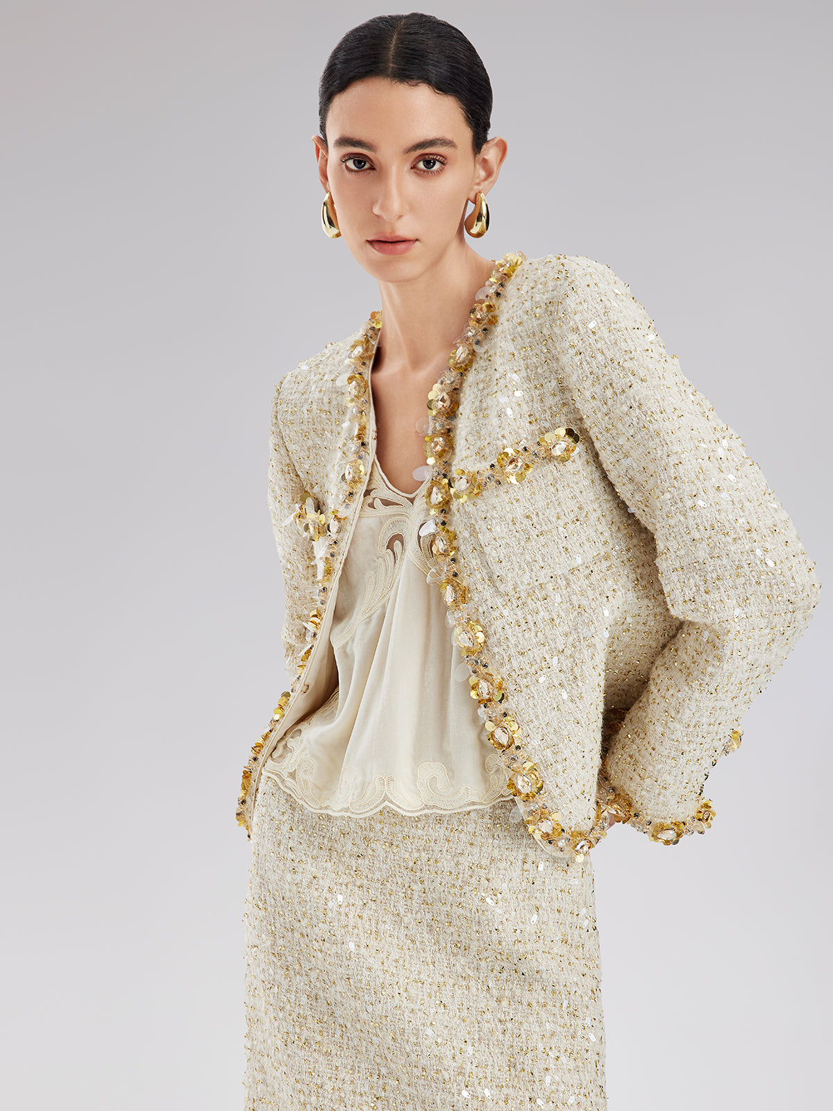 Sequin Trimmed French Tweed Short Jacket