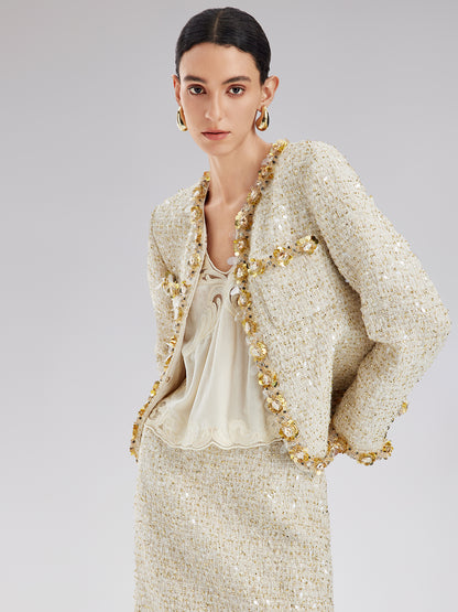 Sequin Trimmed French Tweed Short Jacket