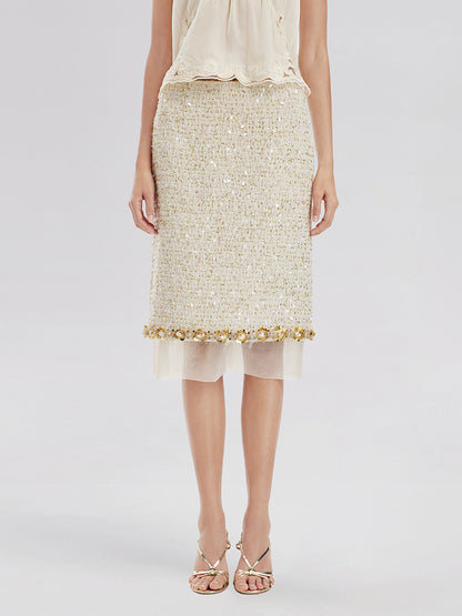 Sequin Trimmed French Mesh-Hem Design Skirt