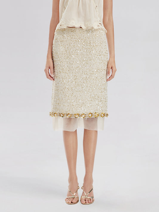 Sequin Trimmed French Mesh-Hem Design Skirt