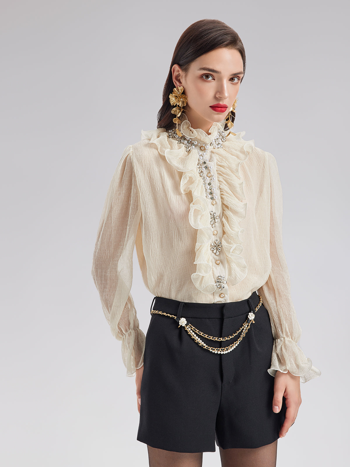 Ruffled Stand Collar Beaded Shirt