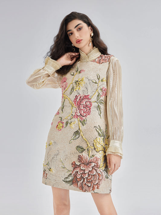Hand-Beaded 3D Floral Jacquard Tank Dress
