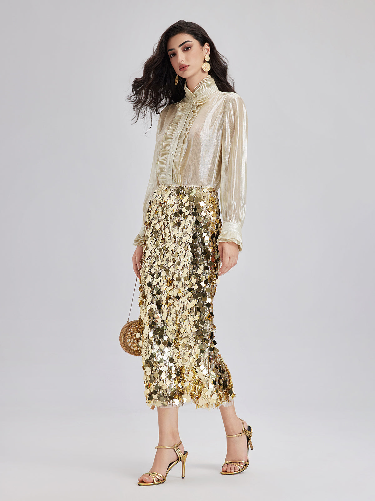 Silk Metallic-Sheen Pleated Shirt