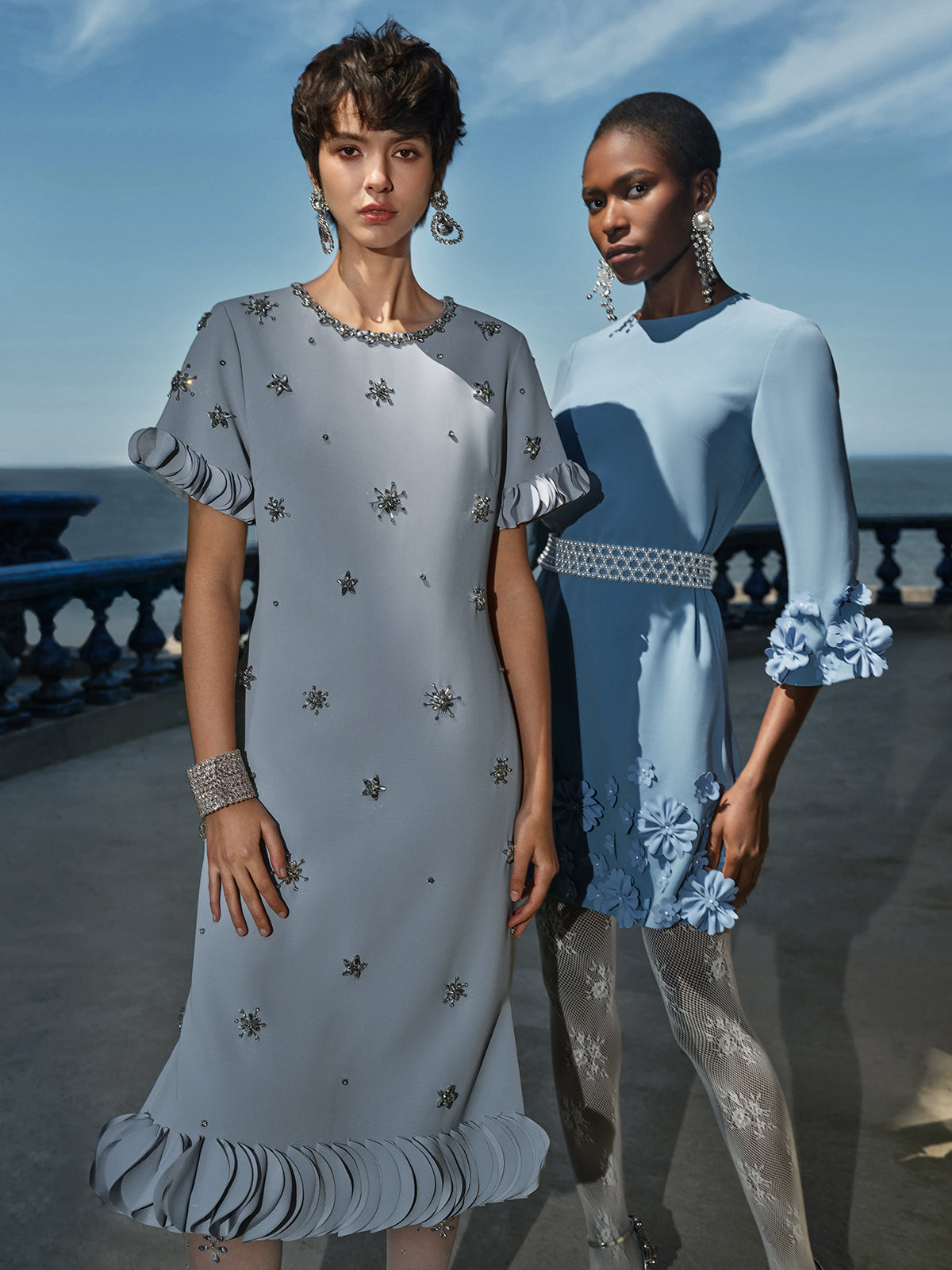 Hand-Sewn Beaded Floral-Trim Dress