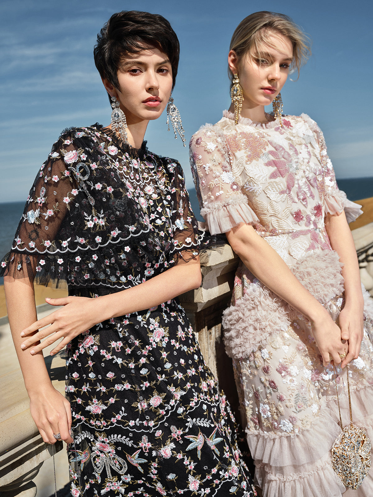 Embroidered Floral Ruffled Tulle Dress
