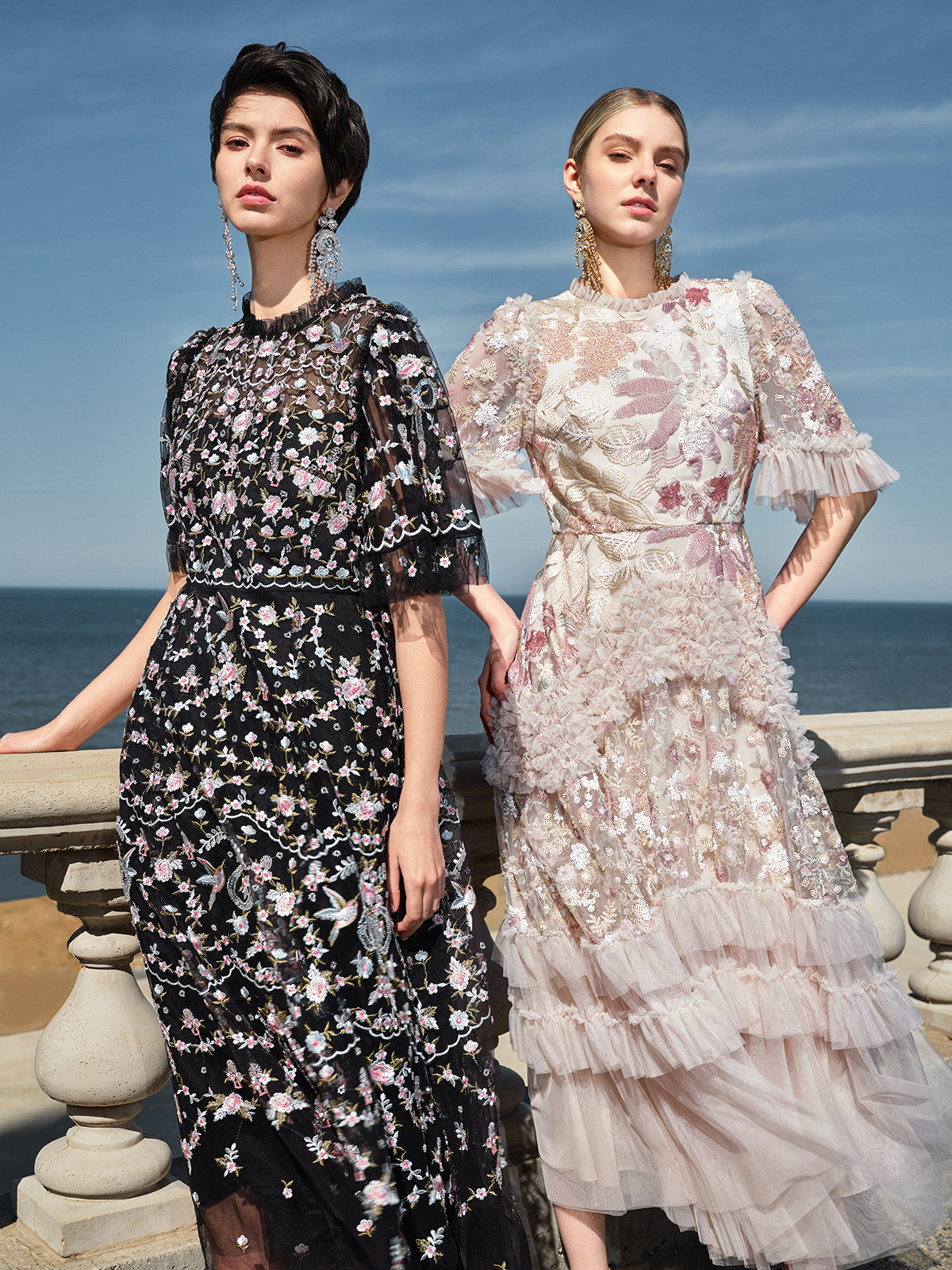 Embroidered Floral Ruffled Tulle Dress