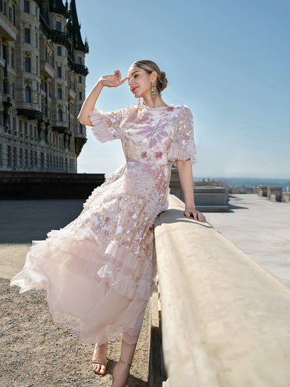 3D Floral Sequin Tulle Ruffle Dress