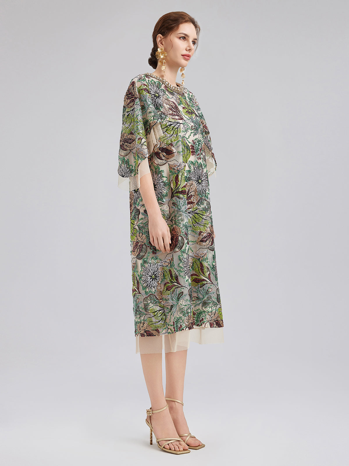 Three-Quarter Sleeves Sequin Maxi Dress
