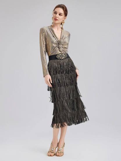 Elegant Rose Pleated V-neck Top