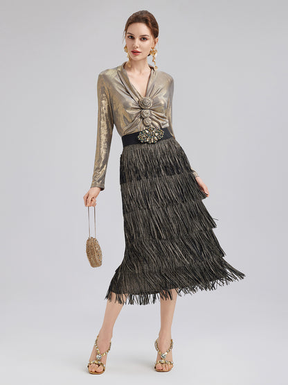 Elegant Rose Pleated V-neck Top