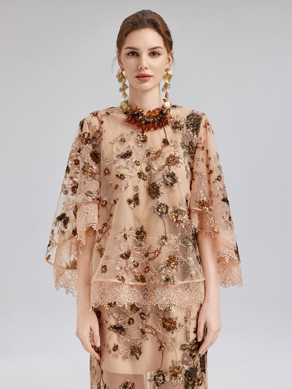 Luxurious Embroidered Sequin Long-Sleeve Top