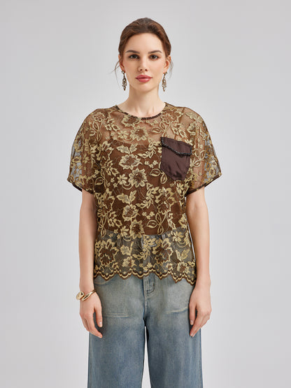 Gold Lace Beaded Pocket T-Shirt