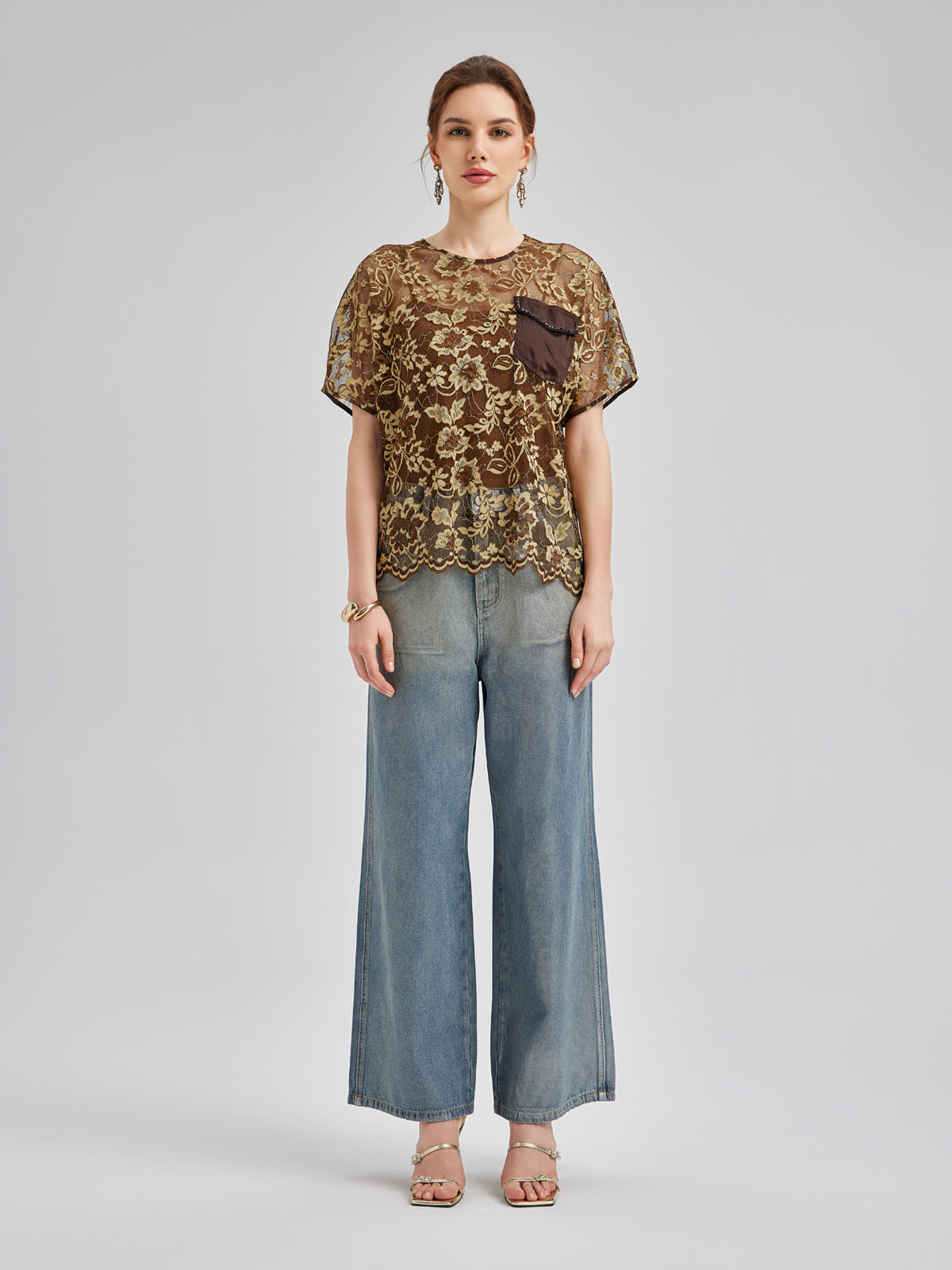 Gold Lace Beaded Pocket T-Shirt