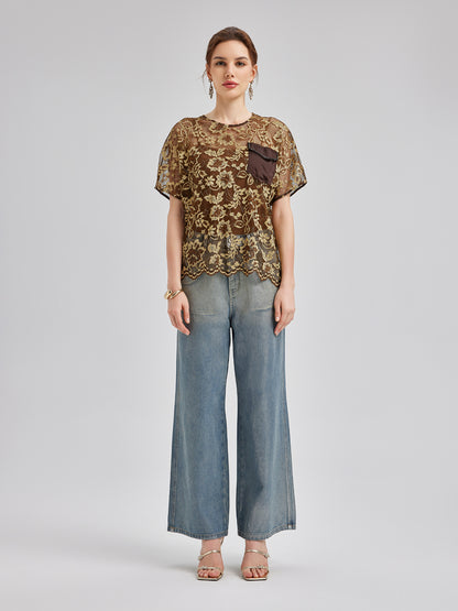 Gold Lace Beaded Pocket T-Shirt