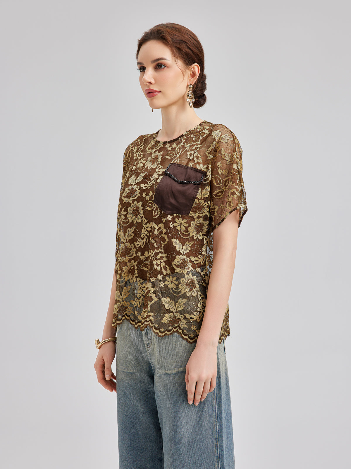 Gold Lace Beaded Pocket T-Shirt