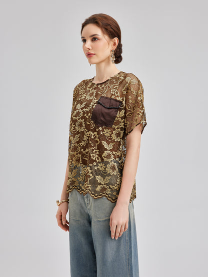 Gold Lace Beaded Pocket T-Shirt