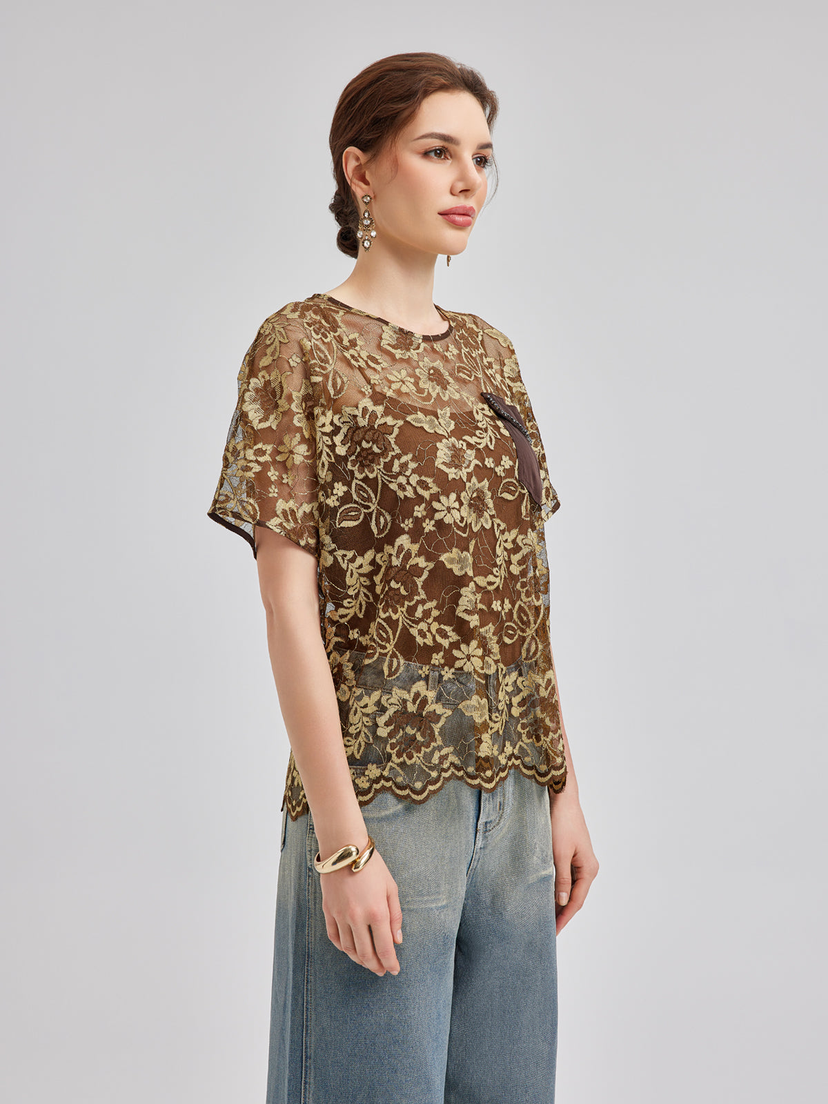 Gold Lace Beaded Pocket T-Shirt