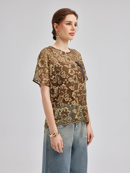 Gold Lace Beaded Pocket T-Shirt