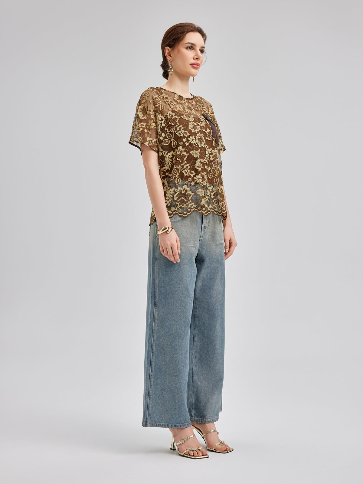 Gold Lace Beaded Pocket T-Shirt