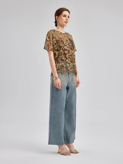Gold Lace Beaded Pocket T-Shirt