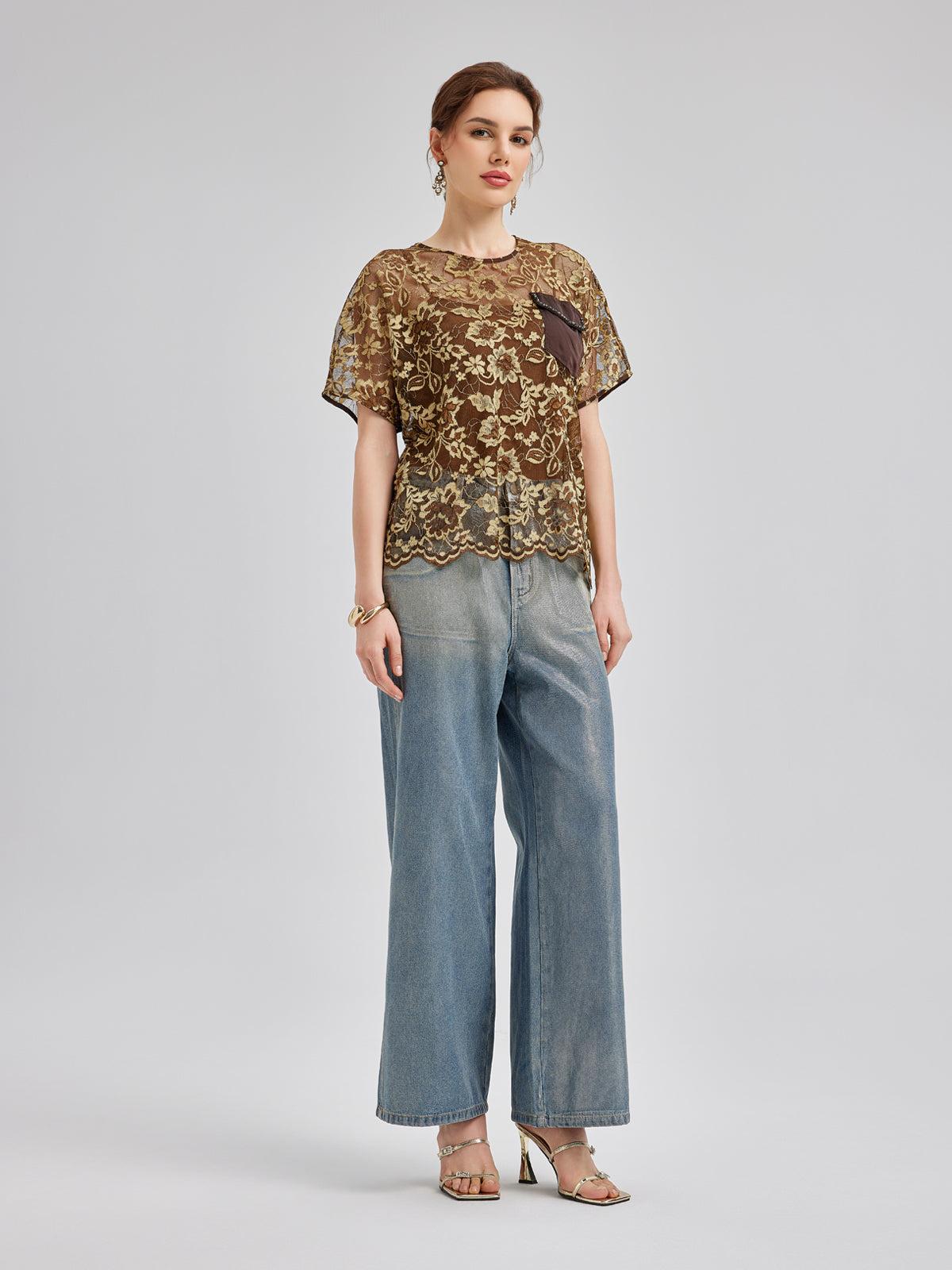 Gold Lace Beaded Pocket T-Shirt