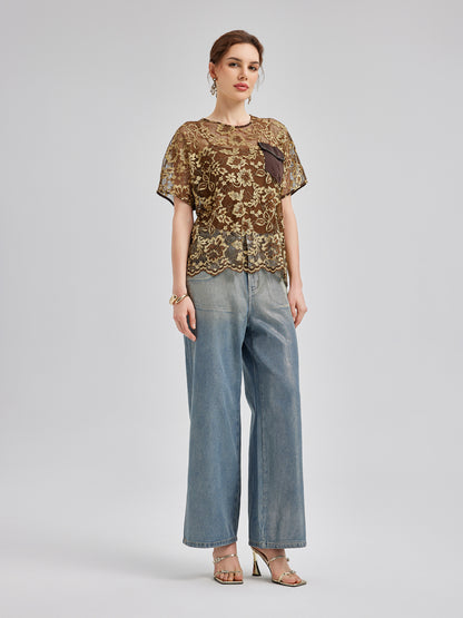 Gold Lace Beaded Pocket T-Shirt