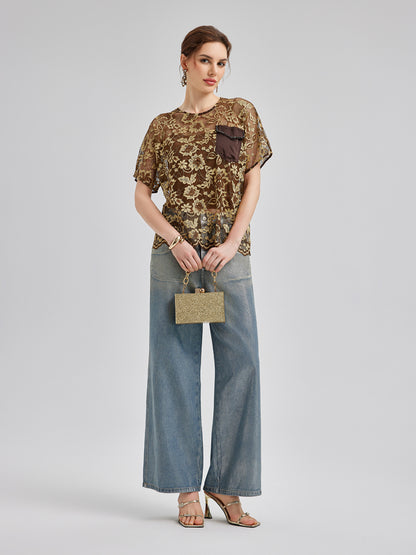 Gold Lace Beaded Pocket T-Shirt