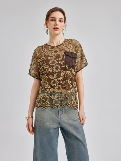 Gold Lace Beaded Pocket T-Shirt