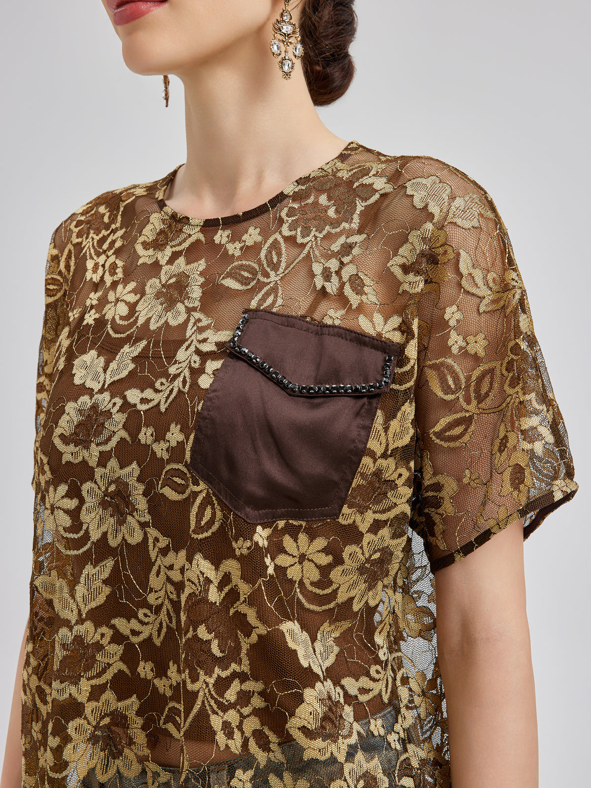 Gold Lace Beaded Pocket T-Shirt
