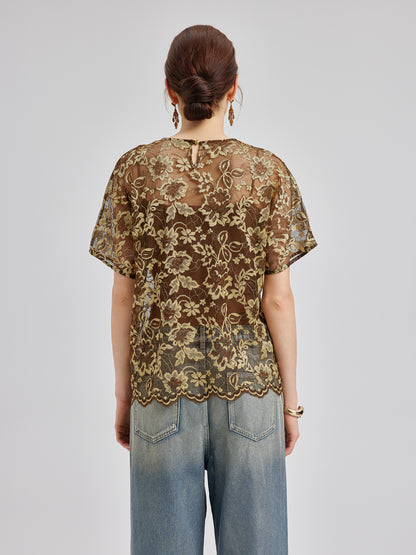 Gold Lace Beaded Pocket T-Shirt