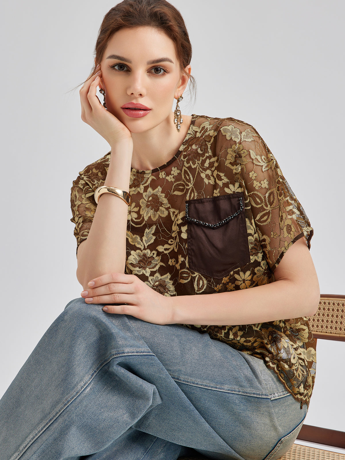 Gold Lace Beaded Pocket T-Shirt