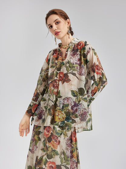Classical Romantic Print Silk Shirt
