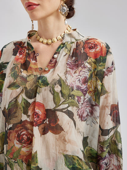Classical Romantic Print Silk Shirt