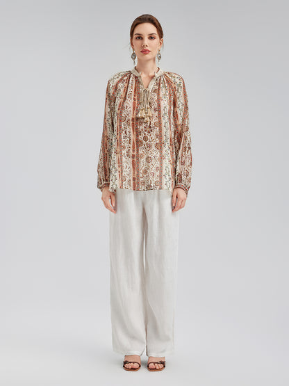 Breathable Ethnic Print Ramie Shirt
