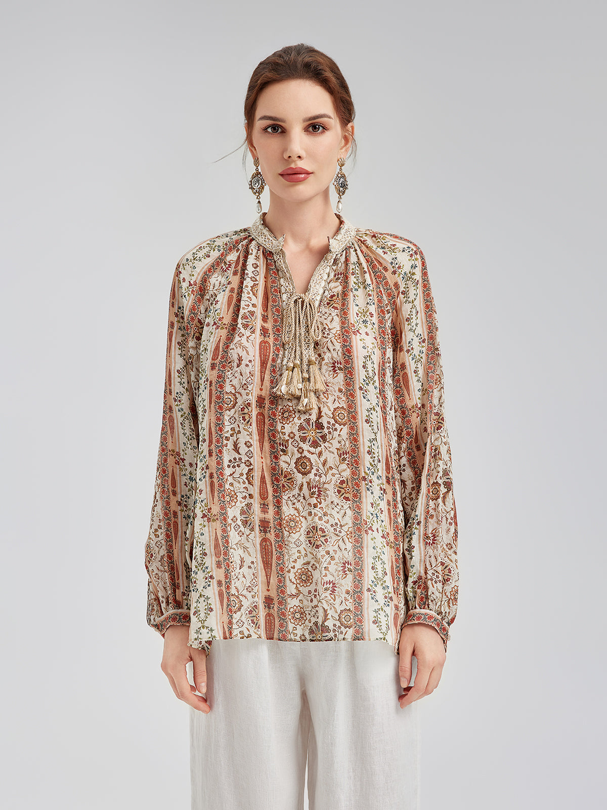 Breathable Ethnic Print Ramie Shirt