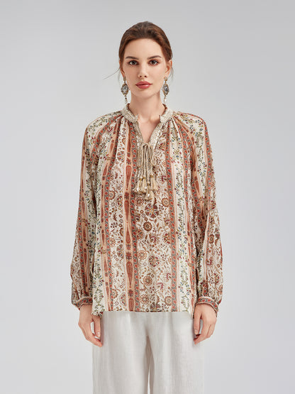 Breathable Ethnic Print Ramie Shirt